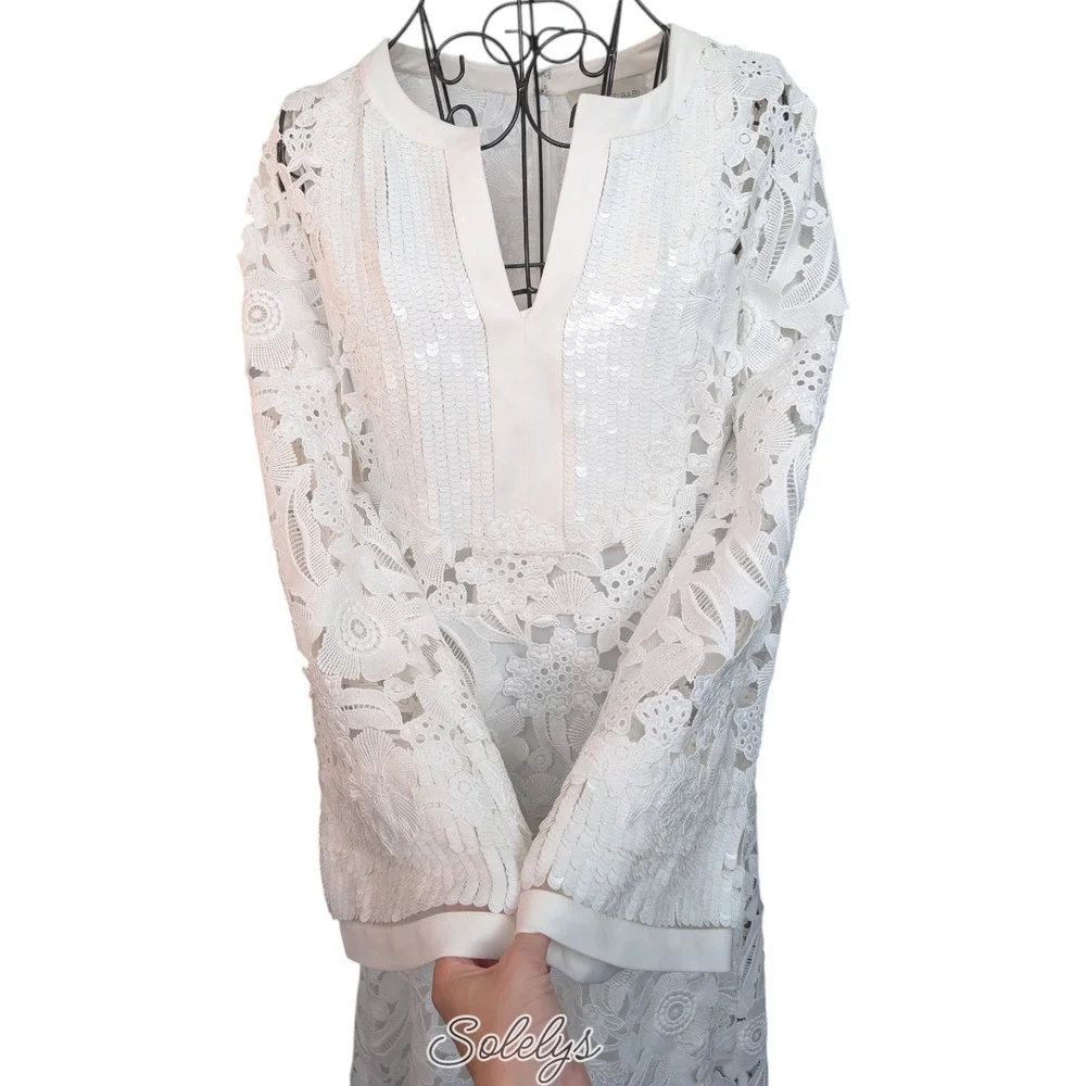 Sachin & Babi Cynthia White Floral Lace Sequin Bridal Wedding Gown Dress Medium - Picture 9 of 10